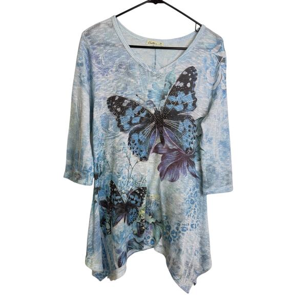 Cactus Sweater Top Womens Medium Blue Multi Butterflies Rhinestones Embellish * - Picture 1 of 10